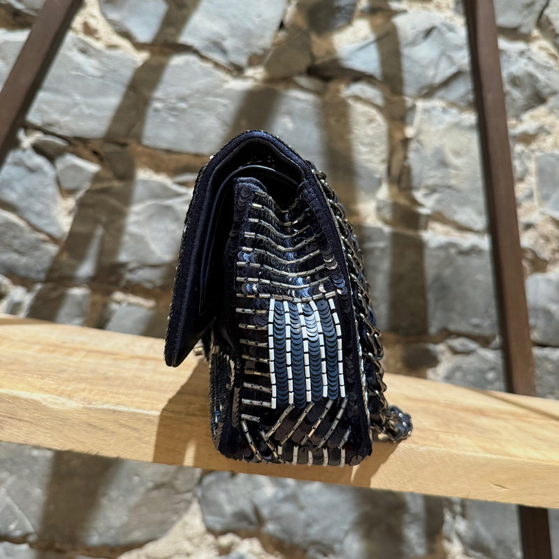 A side view of Chanel 2015-2016 Navy Blue Satin Sequin Beaded Medium Double Flap Bag