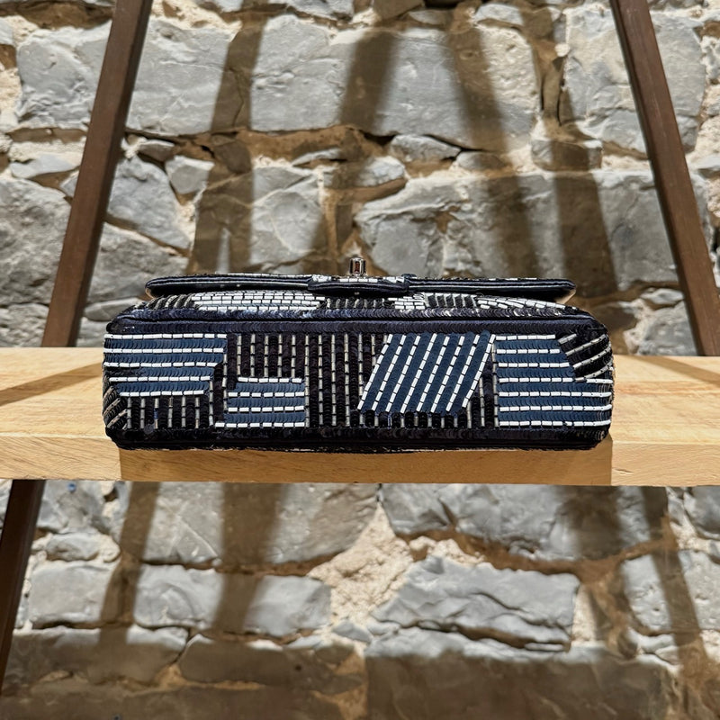 Bottom view of Chanel 2015-2016 Navy Blue Satin Sequin Beaded Medium Double Flap Bag