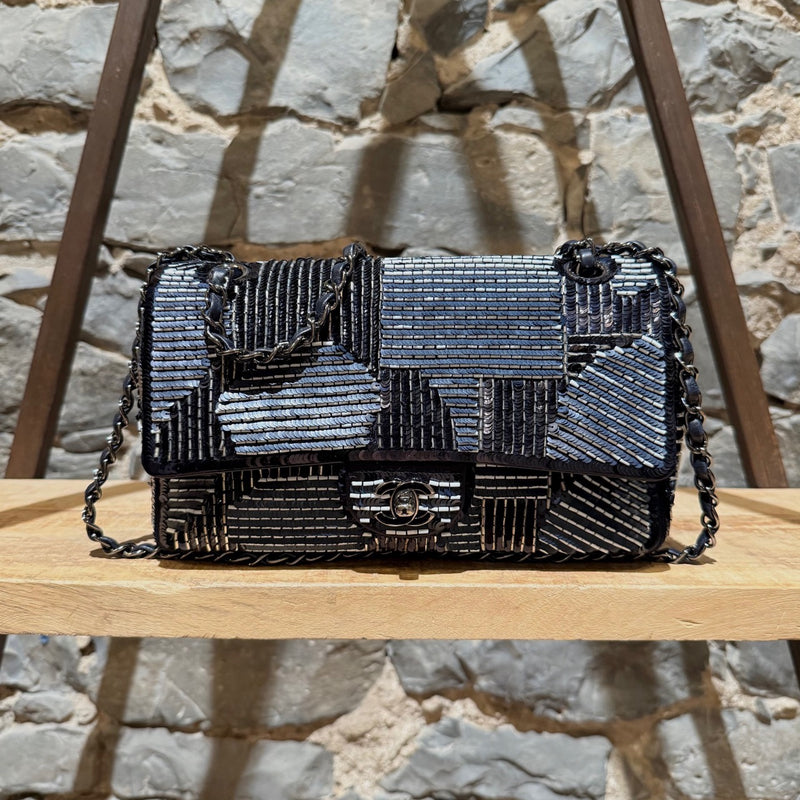 Main photo of Chanel 2015-2016 Navy Blue Satin Sequin Beaded Medium Double Flap Bag