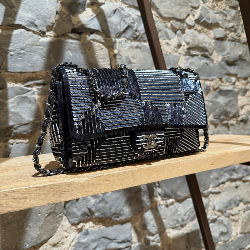 Side front view of Chanel 2015-2016 Navy Blue Satin Sequin Beaded Medium Double Flap Bag