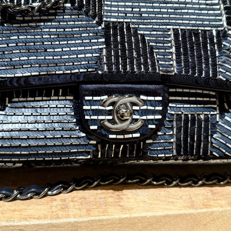 Branded closure of Chanel 2015-2016 Navy Blue Satin Sequin Beaded Medium Double Flap Bag