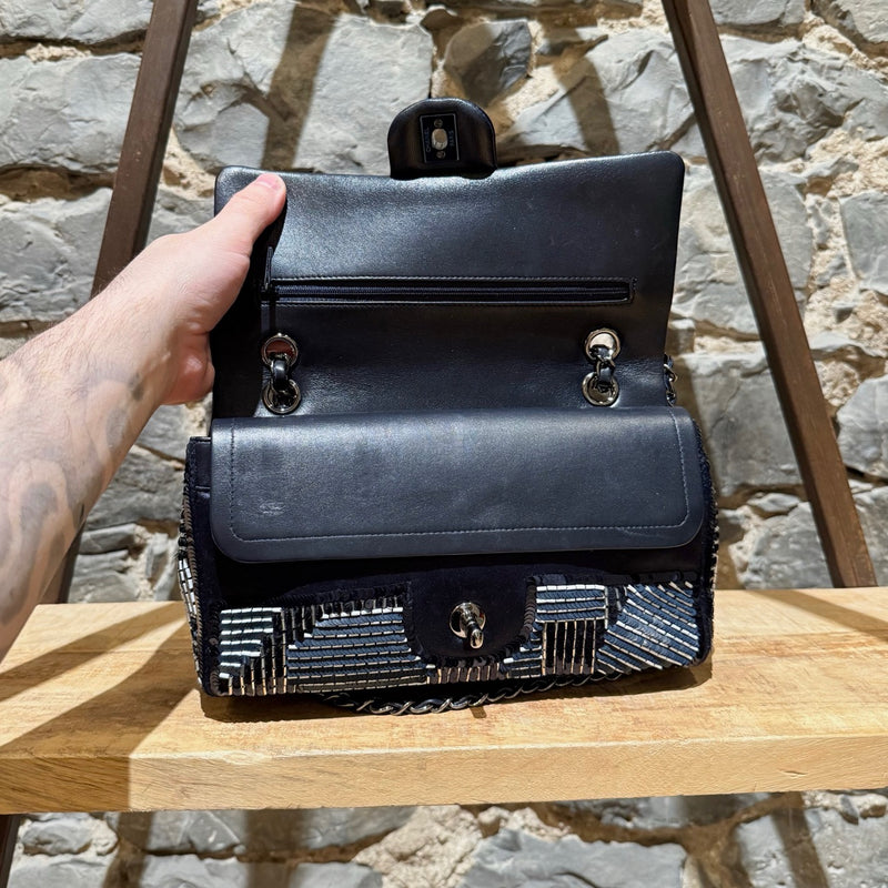 Flap of Chanel 2015-2016 Navy Blue Satin Sequin Beaded Medium Double Flap Bag