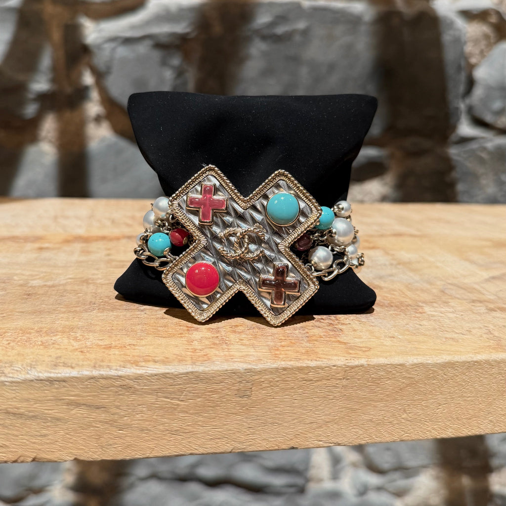 Close-up on Chanel 2017 Faux Pearl Cross Gripoix CC Multistrand Bracelet