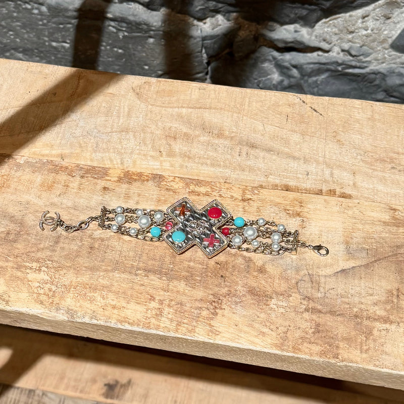 Chanel 2017 Faux Pearl Cross Gripoix CC Multistrand Bracelet