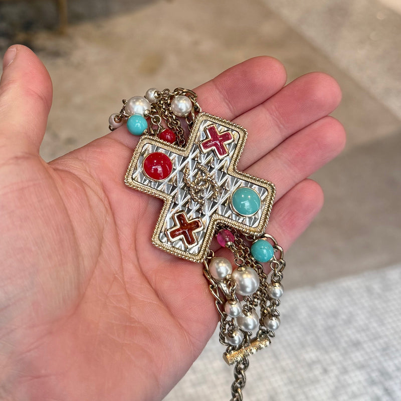 Close-up on Chanel 2017 Faux Pearl Cross Gripoix CC Multistrand Bracelet