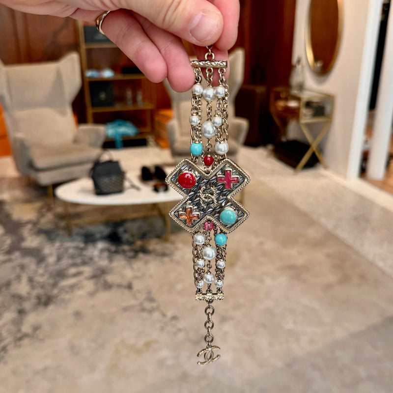 Chanel 2017 Faux Pearl Cross Gripoix CC Multistrand Bracelet