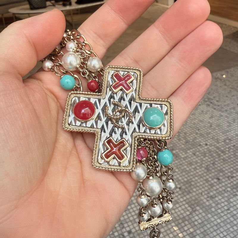 Close-up on Chanel 2017 Faux Pearl Cross Gripoix CC Multistrand Bracelet