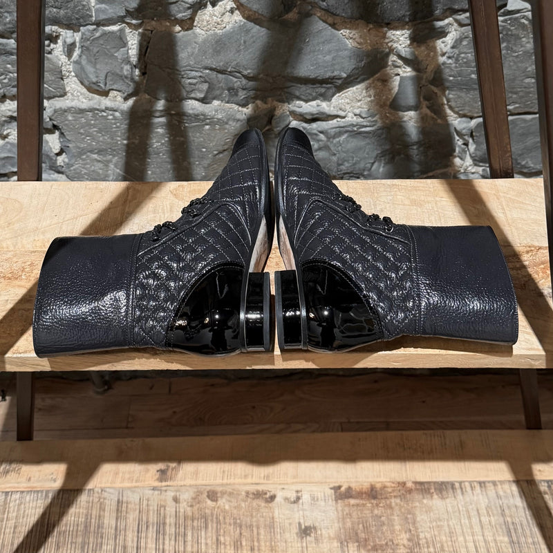 Chanel 2018 Grey Leather Chain Accent CC Logo Flat Ankle Boots