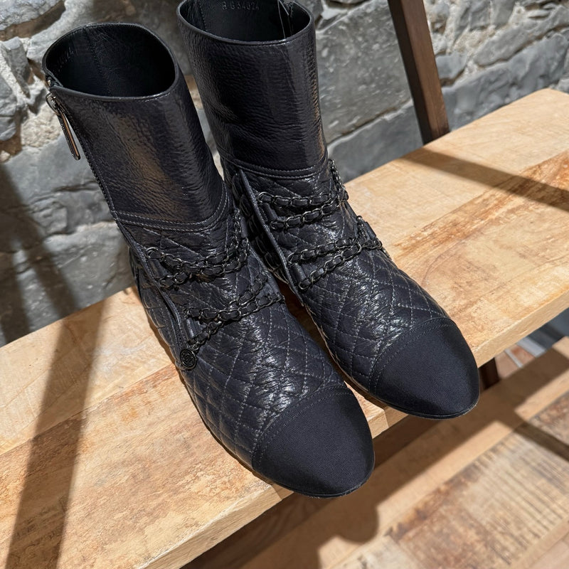 Chanel 2018 Grey Leather Chain Accent CC Logo Flat Ankle Boots