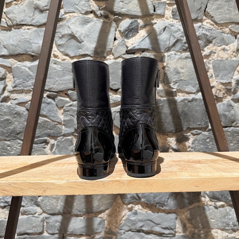 Chanel 2018 Grey Leather Chain Accent CC Logo Flat Ankle Boots