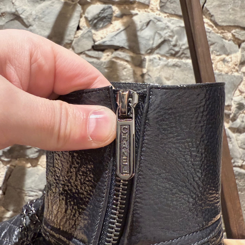 Chanel 2018 Grey Leather Chain Accent CC Logo Flat Ankle Boots