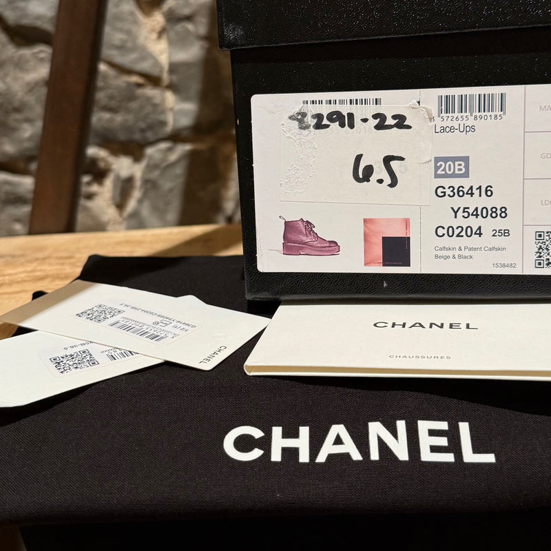 Packaging, dustbag and documentation of Chanel 2020 Beige Leather CC Patent Cap Toe Combat Boots