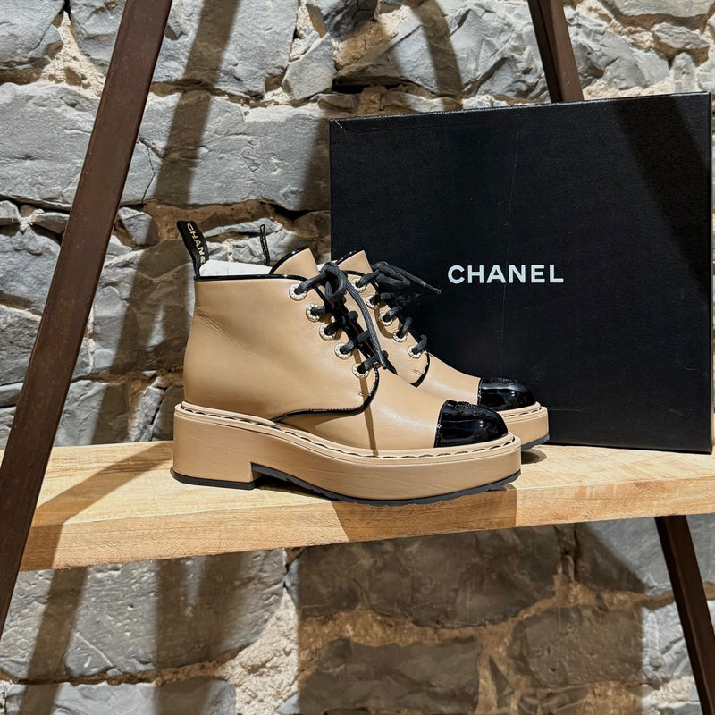 Main photo of Chanel 2020 Beige Leather CC Patent Cap Toe Combat Boots