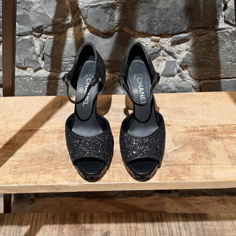 Top view of Chanel 2021 Black Glitter Platform Peep Toe Pumps