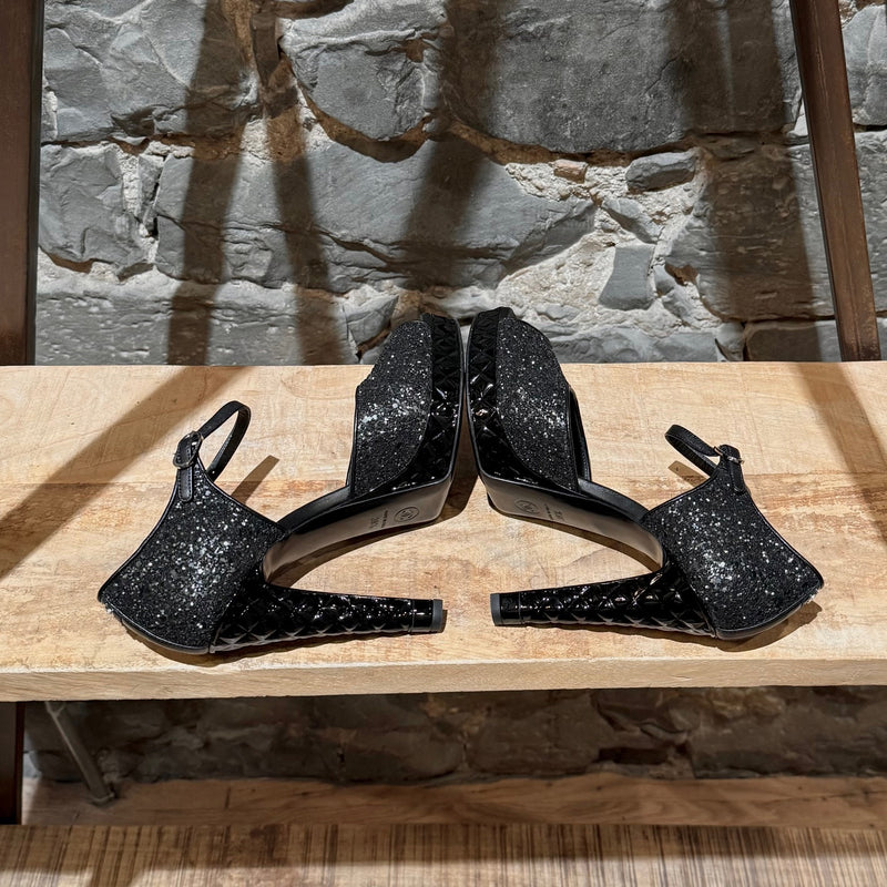 Side-by-side view of Chanel 2021 Black Glitter Platform Peep Toe Pumps