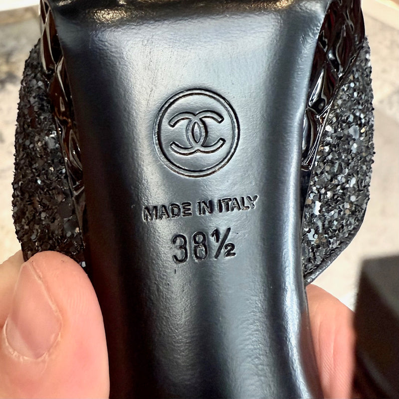 Stamps of Chanel 2021 Black Glitter Platform Peep Toe Pumps