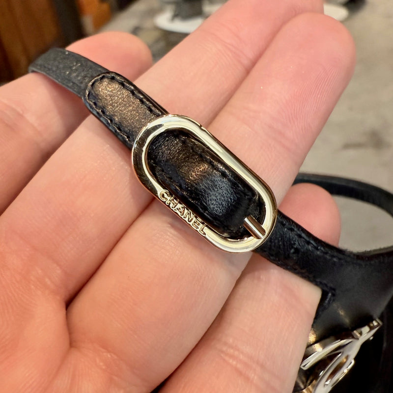 Branded hardware of Chanel 2021 Black Leather CC Strappy Heeled Sandals