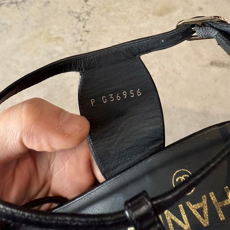 Stamps of Chanel 2021 Black Leather CC Strappy Heeled Sandals