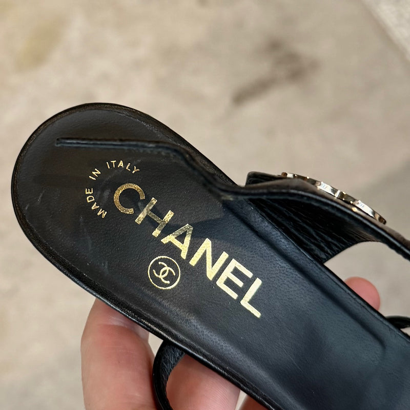 Branded insole of Chanel 2021 Black Leather CC Strappy Heeled Sandals
