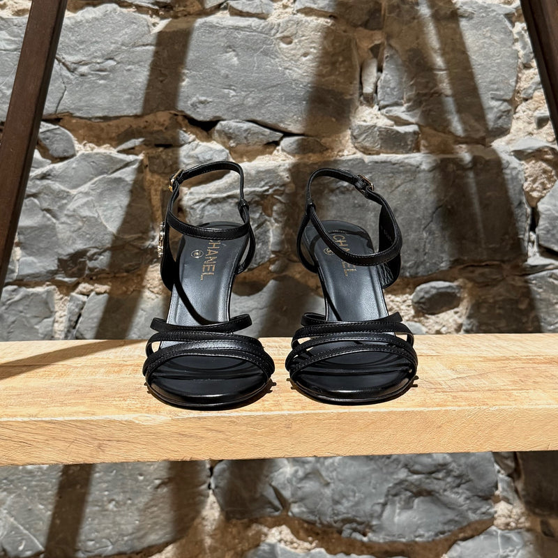Front view of Chanel 2021 Black Leather CC Strappy Heeled Sandals