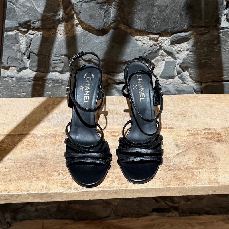 Top view of Chanel 2021 Black Leather CC Strappy Heeled Sandals