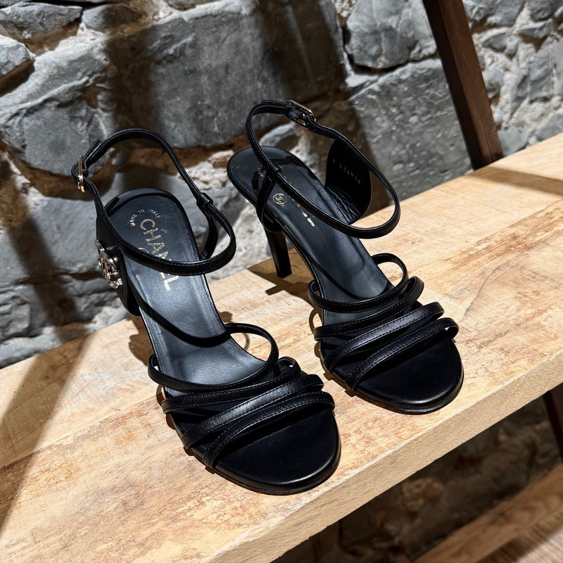 Toe box of Chanel 2021 Black Leather CC Strappy Heeled Sandals