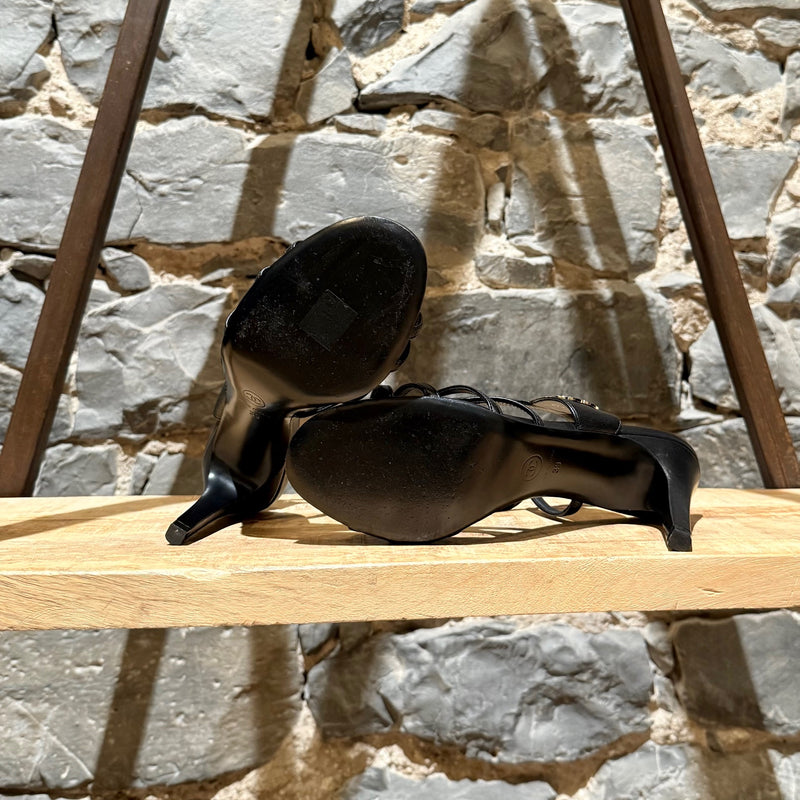 Branded Outsole of Chanel 2021 Black Leather CC Strappy Heeled Sandals