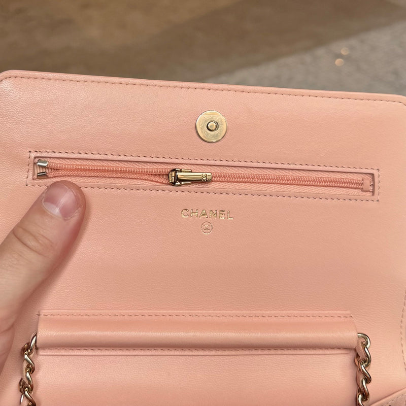 Interior pocket of Chanel 2021 Pink Lambskin Quilted CC Classic Wallet On Chain