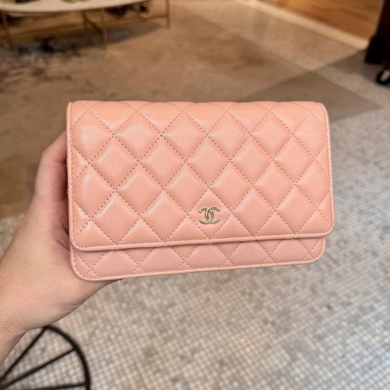 Front view of Chanel 2021 Pink Lambskin Quilted CC Classic Wallet On Chain