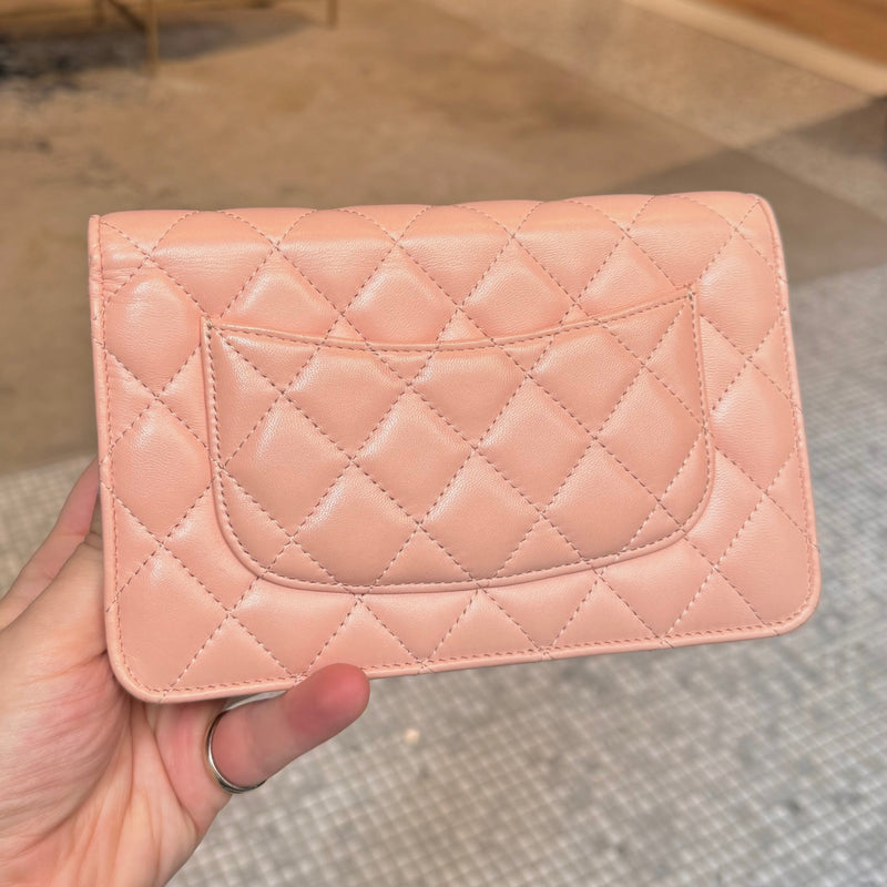 Back pocket of Chanel 2021 Pink Lambskin Quilted CC Classic Wallet On Chain