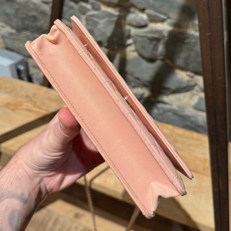 Bottom view of Chanel 2021 Pink Lambskin Quilted CC Classic Wallet On Chain