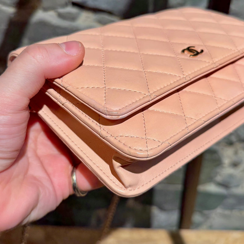 Bottom corners view of Chanel 2021 Pink Lambskin Quilted CC Classic Wallet On Chain