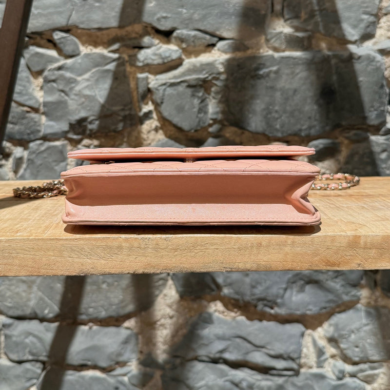 Bottom view of Chanel 2021 Pink Lambskin Quilted CC Classic Wallet On Chain