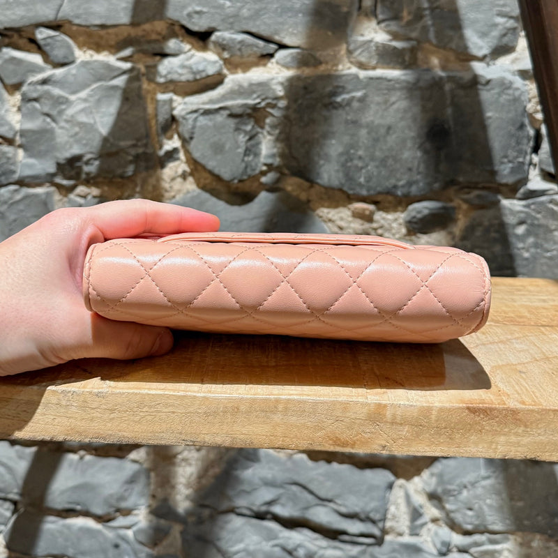 Top view of Chanel 2021 Pink Lambskin Quilted CC Classic Wallet On Chain