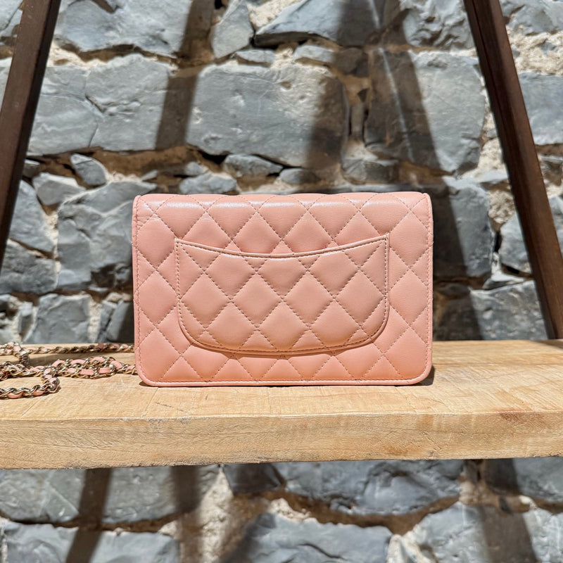 Back view of Chanel 2021 Pink Lambskin Quilted CC Classic Wallet On Chain