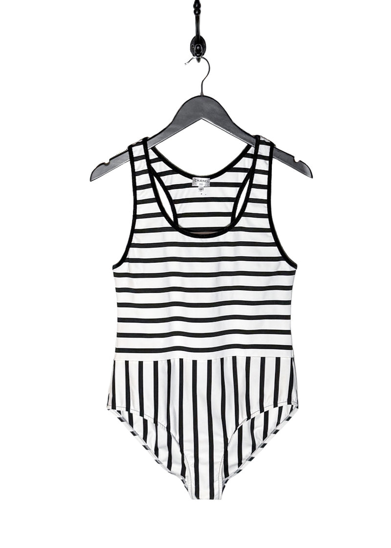 Chanel 2022 White Striped One Piece Swimsuit