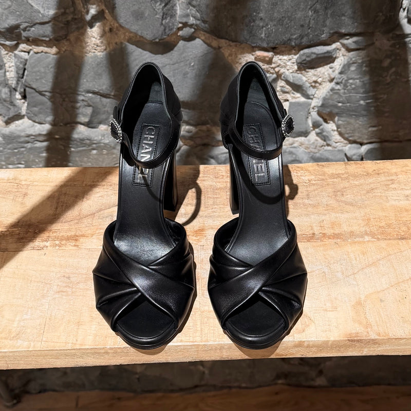 Chanel 2023 Black D'orsay Peep Toe Interlocking CC Block Heel