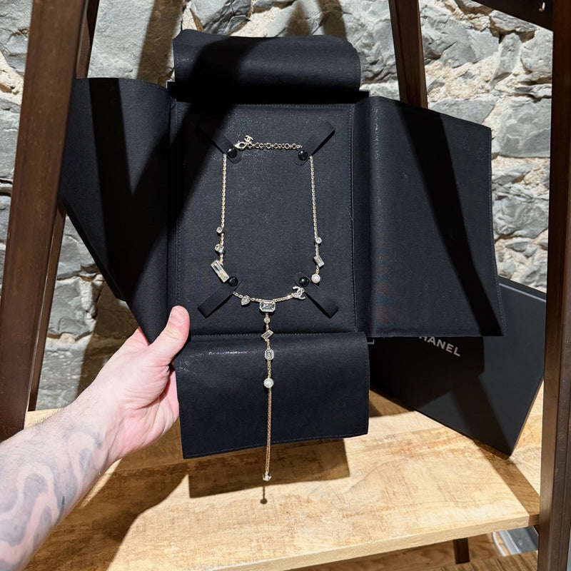 Chanel 22C Champagne Gold Crystals Pearls CC Chain Drop Necklace in box