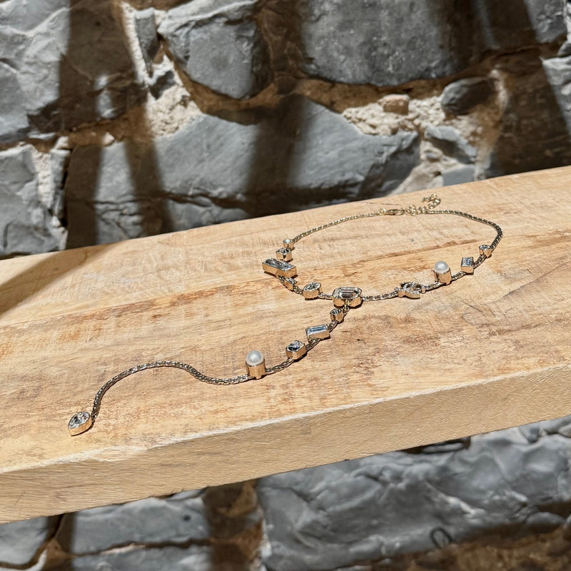 Chanel 22C Champagne Gold Crystals Pearls CC Chain Drop Necklace