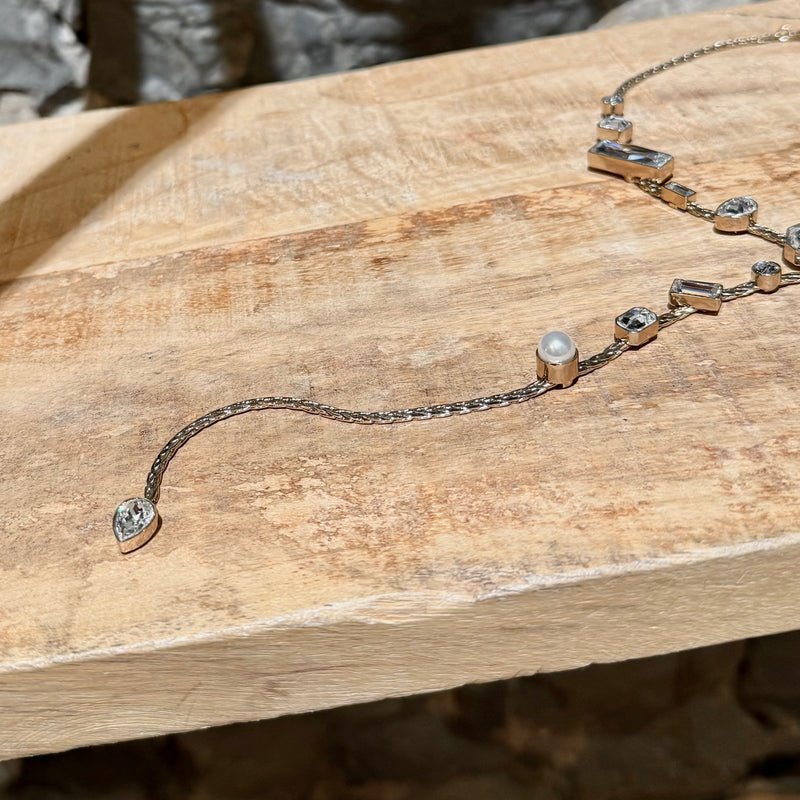 Drop view of Chanel 22C Champagne Gold Crystals Pearls CC Chain Drop Necklace