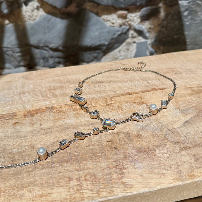 Chanel 22C Champagne Gold Crystals Pearls CC Chain Drop Necklace