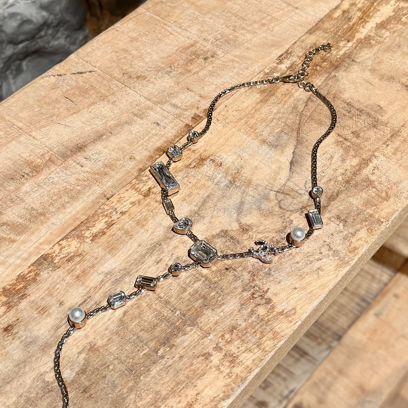 Chanel 22C Champagne Gold Crystals Pearls CC Chain Drop Necklace