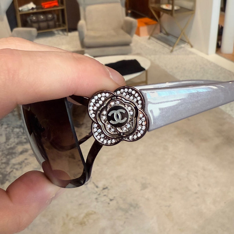 Branding on Chanel 4164 Vintage Swarovski Crystal Camellia CC Brown Sunglasses