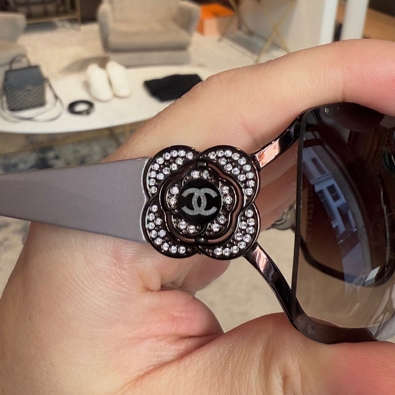 Branding on Chanel 4164 Vintage Swarovski Crystal Camellia CC Brown Sunglasses