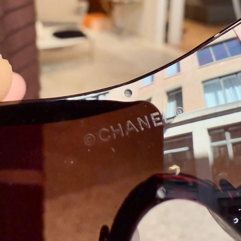 Branding on Chanel 4164 Vintage Swarovski Crystal Camellia CC Brown Sunglasses