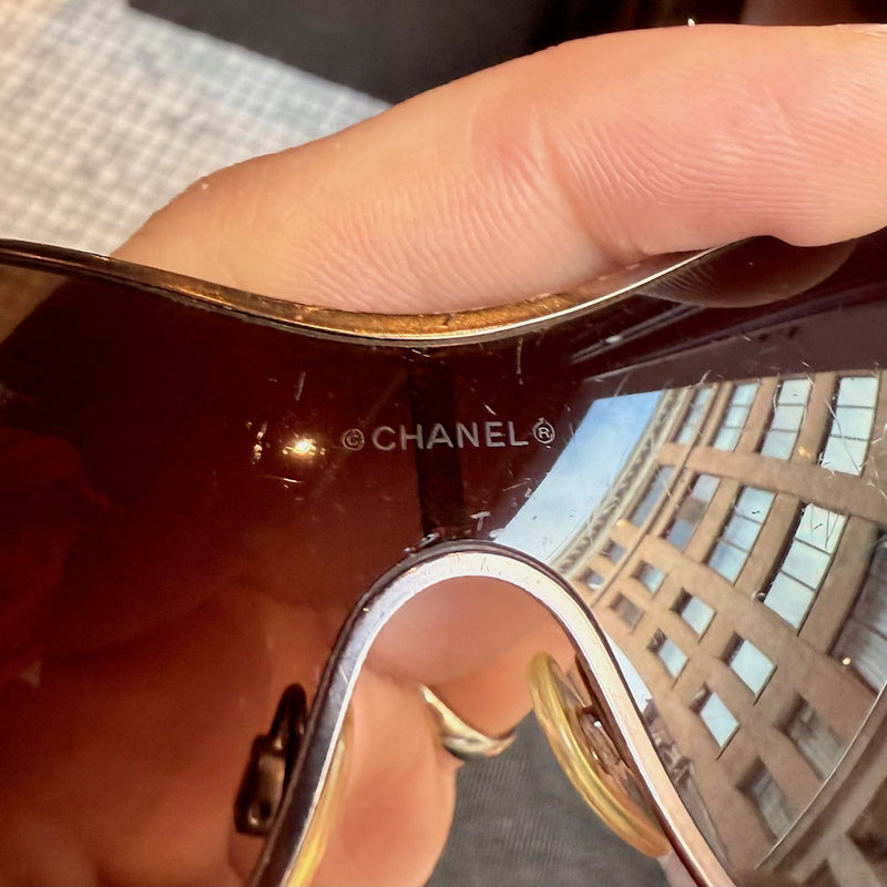 Branded lenses of Chanel 4177 Brown Pearl Collection Shield Sunglasses