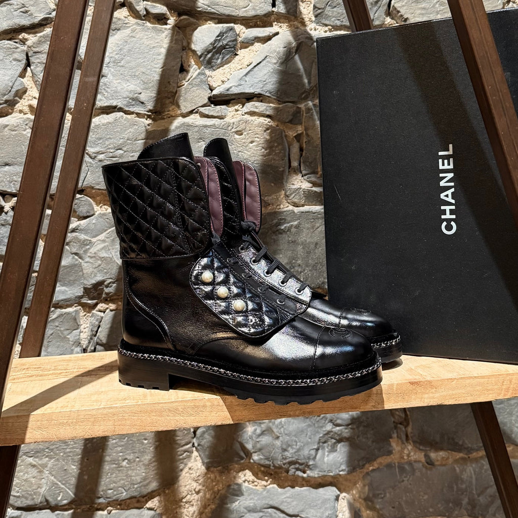 Main photo of Chanel Back Glossy Pearl Chain Embellished Combat Boots