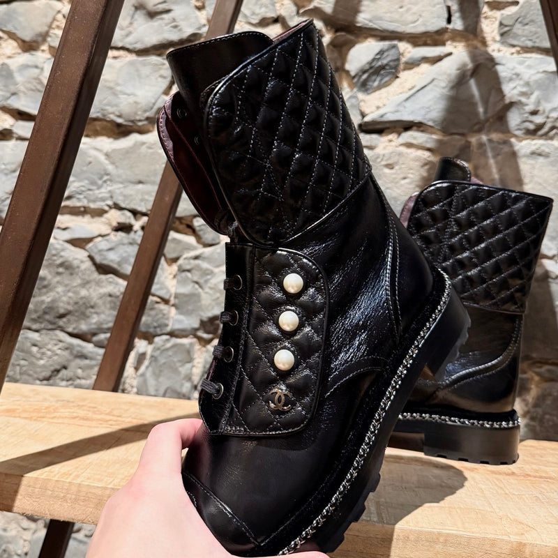 Chanel Back Glossy Pearl Chain Embellished Combat Boots