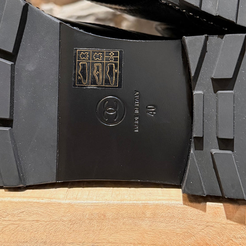 Stamps of Chanel Back Glossy Pearl Chain Embellished Combat Boots