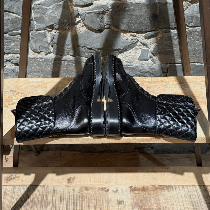 Side-by-side view of Chanel Back Glossy Pearl Chain Embellished Combat Boots